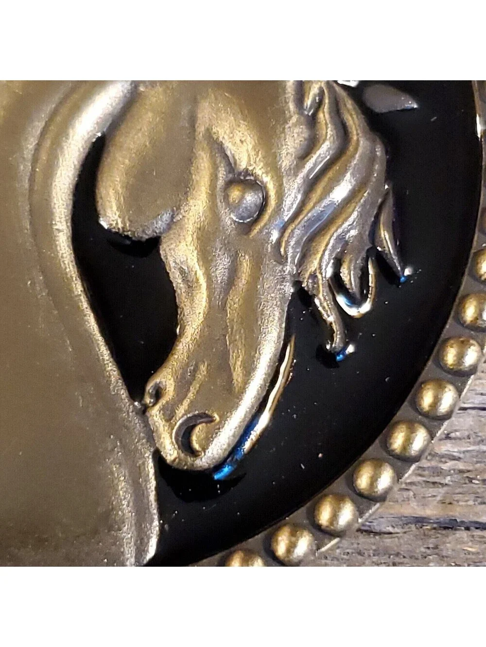 Wild Horse Long Mane Brushed Bronze Black Enamel 67mm Oval Statement Pendant